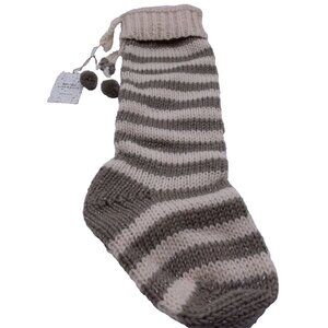 West Elm Striped Knit Wool Christmas Holiday Stocking Grey Handcrafted Nepal